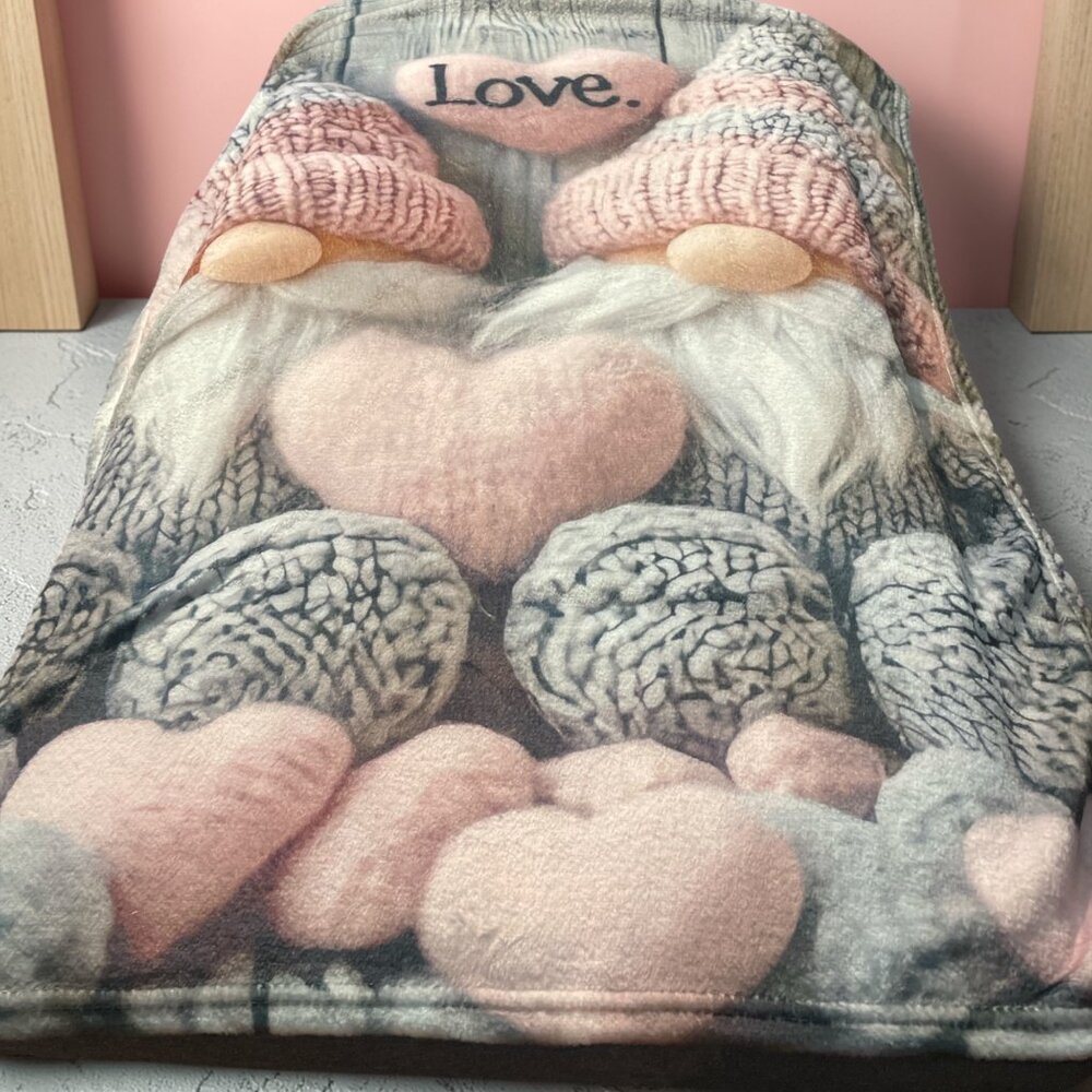 Valentine Gnome Sherpa Lap Blanket 36” Pink Love Hearts Cozy Throw